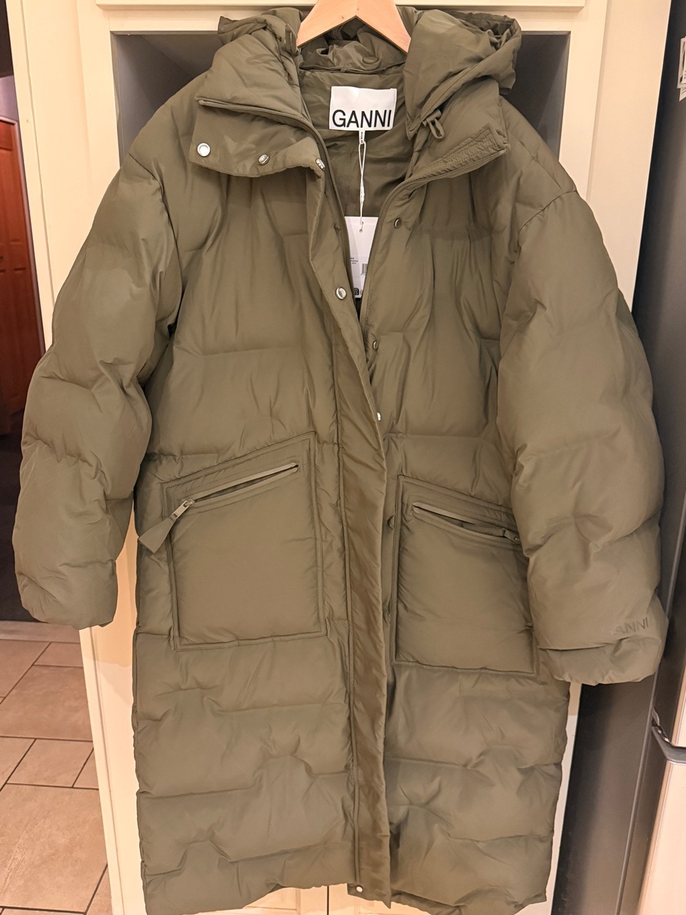 Ganni Olive Green Long Hooded Puffer Coat NWT